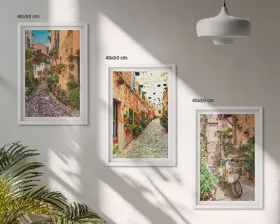 3er-Set Bilder mit Rahmen mit Straßen- Blumen- und italienischem Flair-Motiv