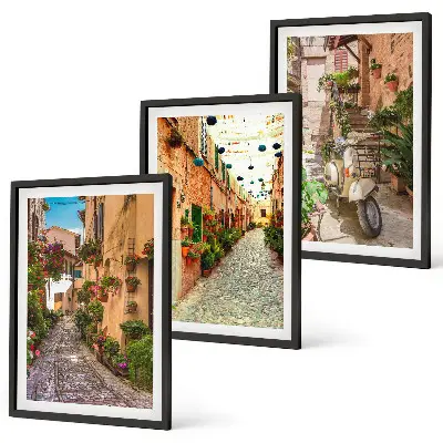 3er-Set Bilder mit Rahmen mit Straßen- Blumen- und italienischem Flair-Motiv