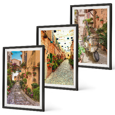 Bilder-3er-set mit rahmen Straßen, Blumen, italienisches Flair