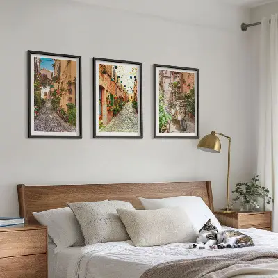 3er-Set Bilder mit Rahmen mit Straßen- Blumen- und italienischem Flair-Motiv