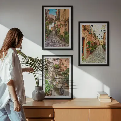 3er-Set Bilder mit Rahmen mit Straßen- Blumen- und italienischem Flair-Motiv