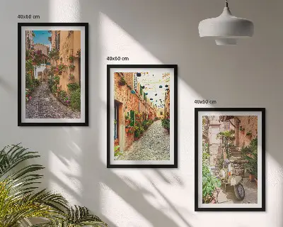 3er-Set Bilder mit Rahmen mit Straßen- Blumen- und italienischem Flair-Motiv
