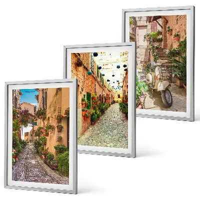 3er-Set Bilder mit Rahmen mit Straßen- Blumen- und italienischem Flair-Motiv