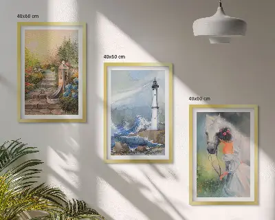 Gerahmtes Bilderset mit Landschaftsmotiven von Leuchtturm, Pferd und Mädchen