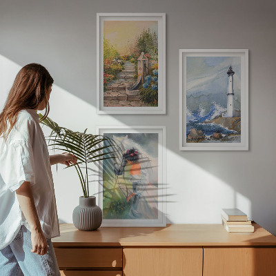 Gerahmtes bilderset Landschaft Leuchtturm Pferd Mädchen