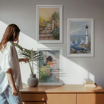 Gerahmtes Bilderset mit Landschaftsmotiven von Leuchtturm, Pferd und Mädchen
