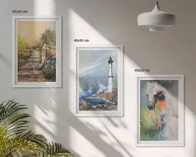 Gerahmtes Bilderset mit Landschaftsmotiven von Leuchtturm, Pferd und Mädchen