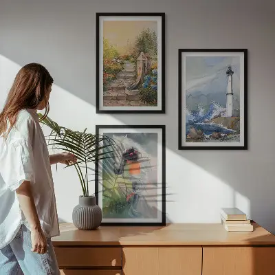 Gerahmtes Bilderset mit Landschaftsmotiven von Leuchtturm, Pferd und Mädchen