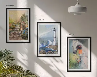Gerahmtes Bilderset mit Landschaftsmotiven von Leuchtturm, Pferd und Mädchen
