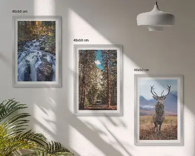 3er-Set Wandbilder mit Rahmen mit Motiv Wald, Wasserfall, Bergen und Hirsch