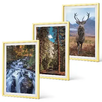 3er-Set Wandbilder mit Rahmen mit Motiv Wald, Wasserfall, Bergen und Hirsch