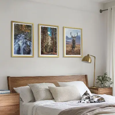 3er-Set Wandbilder mit Rahmen mit Motiv Wald, Wasserfall, Bergen und Hirsch