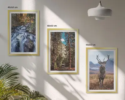 3er-Set Wandbilder mit Rahmen mit Motiv Wald, Wasserfall, Bergen und Hirsch