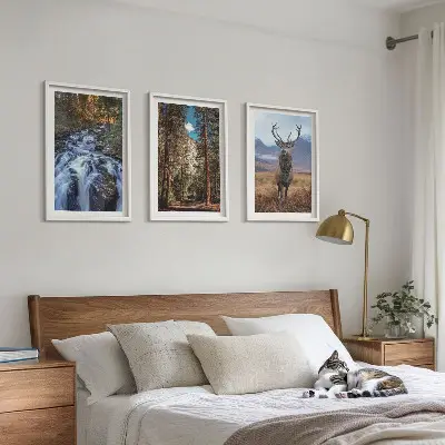 3er-Set Wandbilder mit Rahmen mit Motiv Wald, Wasserfall, Bergen und Hirsch