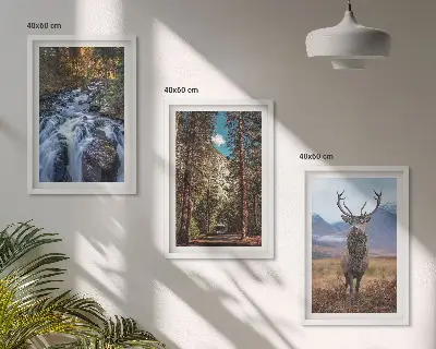 3er-Set Wandbilder mit Rahmen mit Motiv Wald, Wasserfall, Bergen und Hirsch