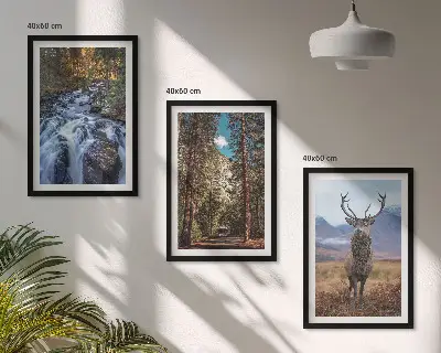 3er-Set Wandbilder mit Rahmen mit Motiv Wald, Wasserfall, Bergen und Hirsch