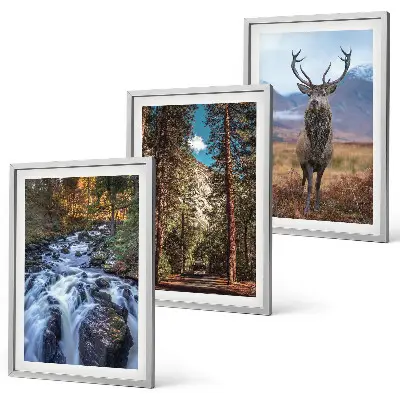 3er-Set Wandbilder mit Rahmen mit Motiv Wald, Wasserfall, Bergen und Hirsch