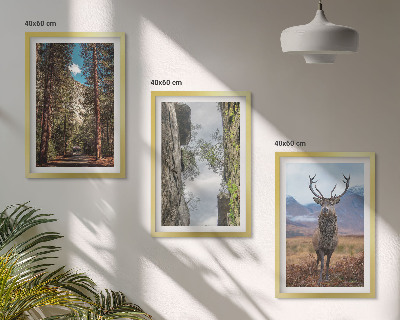 Gerahmtes bilderset Straße Wald Berge Hirsch Natur