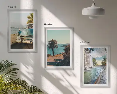 Gerahmtes Bilderset Urlaub mit Palmen und Wasserfall