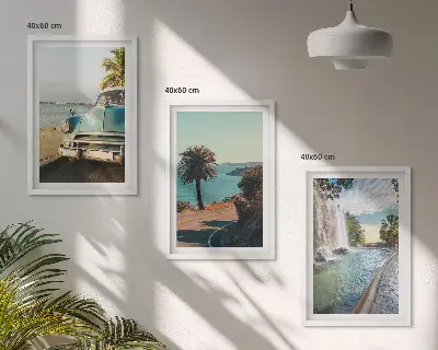 Gerahmtes Bilderset Urlaub mit Palmen und Wasserfall