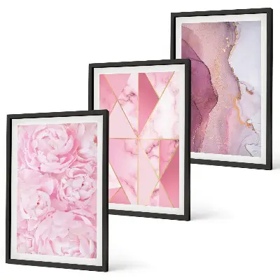 Rosa geometrische Pfingstrosen 3er-Set Bilder mit Rahmen