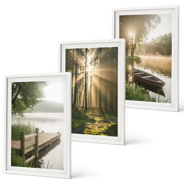 Bilder-3er-Set mit Rahmen Motivdruck See, Wald, Boot und Morgennebel
