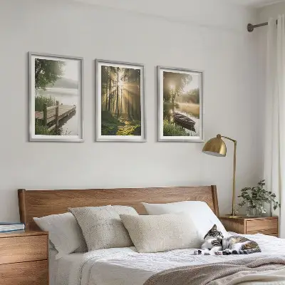 Bilder-3er-Set mit Rahmen Motivdruck See, Wald, Boot und Morgennebel