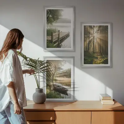 Bilder-3er-Set mit Rahmen Motivdruck See, Wald, Boot und Morgennebel