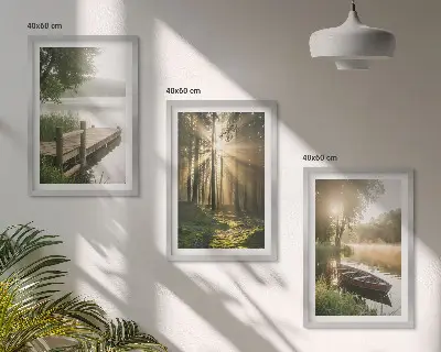 Bilder-3er-Set mit Rahmen Motivdruck See, Wald, Boot und Morgennebel