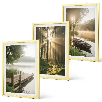 Bilder-3er-Set mit Rahmen Motivdruck See, Wald, Boot und Morgennebel