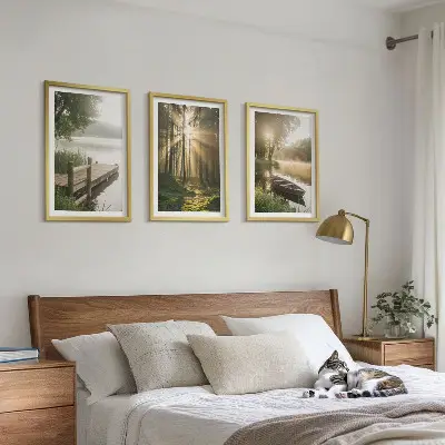 Bilder-3er-Set mit Rahmen Motivdruck See, Wald, Boot und Morgennebel