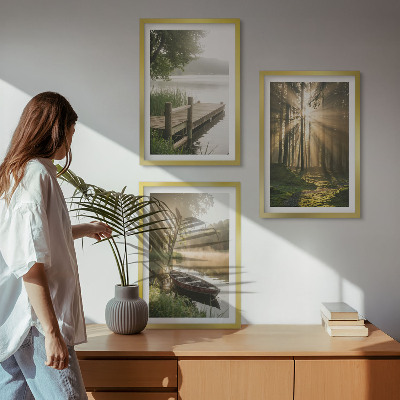 Bilder-3er-set mit rahmen See, Wald, Boot, Morgennebel