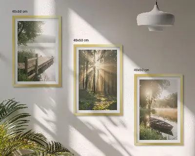 Bilder-3er-Set mit Rahmen Motivdruck See, Wald, Boot und Morgennebel