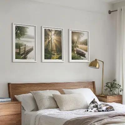 Bilder-3er-Set mit Rahmen Motivdruck See, Wald, Boot und Morgennebel