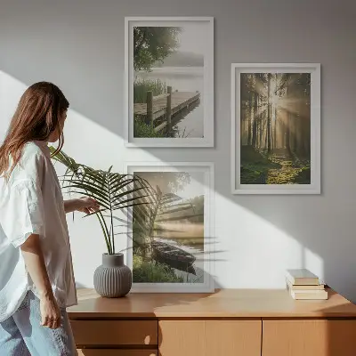 Bilder-3er-Set mit Rahmen Motivdruck See, Wald, Boot und Morgennebel