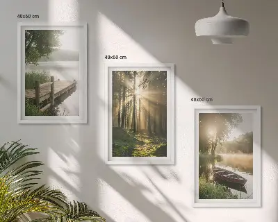 Bilder-3er-Set mit Rahmen Motivdruck See, Wald, Boot und Morgennebel
