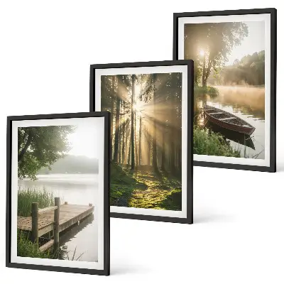 Bilder-3er-Set mit Rahmen Motivdruck See, Wald, Boot und Morgennebel