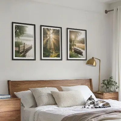 Bilder-3er-Set mit Rahmen Motivdruck See, Wald, Boot und Morgennebel