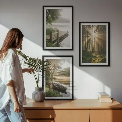Bilder-3er-Set mit Rahmen Motivdruck See, Wald, Boot und Morgennebel