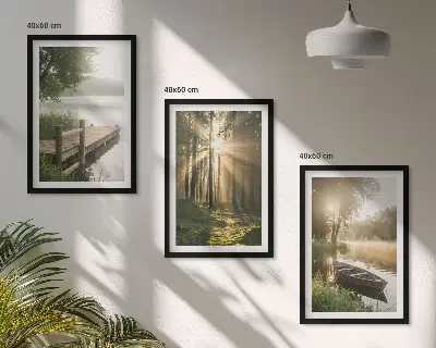 Bilder-3er-Set mit Rahmen Motivdruck See, Wald, Boot und Morgennebel