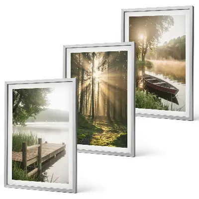 Bilder-3er-Set mit Rahmen Motivdruck See, Wald, Boot und Morgennebel