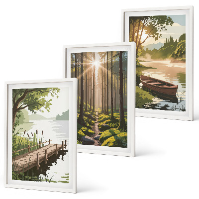 Gerahmtes bilderset Landschaft aus Wald, See und Boot