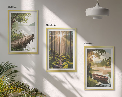 Gerahmtes bilderset Landschaft aus Wald, See und Boot