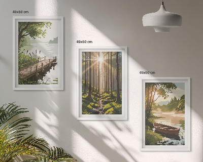 Gerahmtes bilderset Landschaft aus Wald, See und Boot