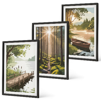 Gerahmtes bilderset Landschaft aus Wald, See und Boot