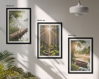 Gerahmtes bilderset Landschaft aus Wald, See und Boot