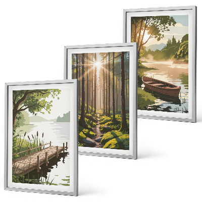 Gerahmtes bilderset Landschaft aus Wald, See und Boot