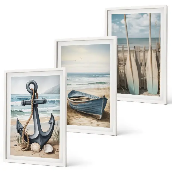 Bilderset mit Rahmen, 3-teilig mit maritimen Motiven wie Anker, Boot, Ruder und Strand