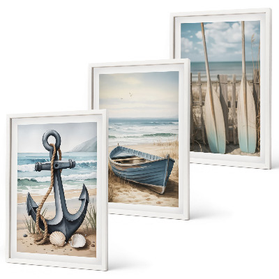 Bilder-3er-set mit rahmen Anker, Boot, Ruder, Strand