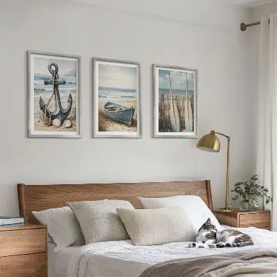 Bilderset mit Rahmen, 3-teilig mit maritimen Motiven wie Anker, Boot, Ruder und Strand